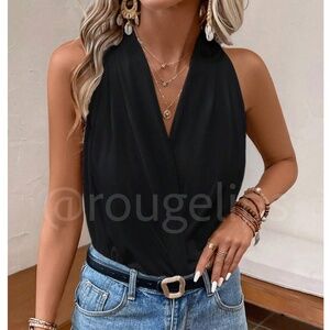 Black Bodysuit Deep V-Neck Overlapping Front Stretchy